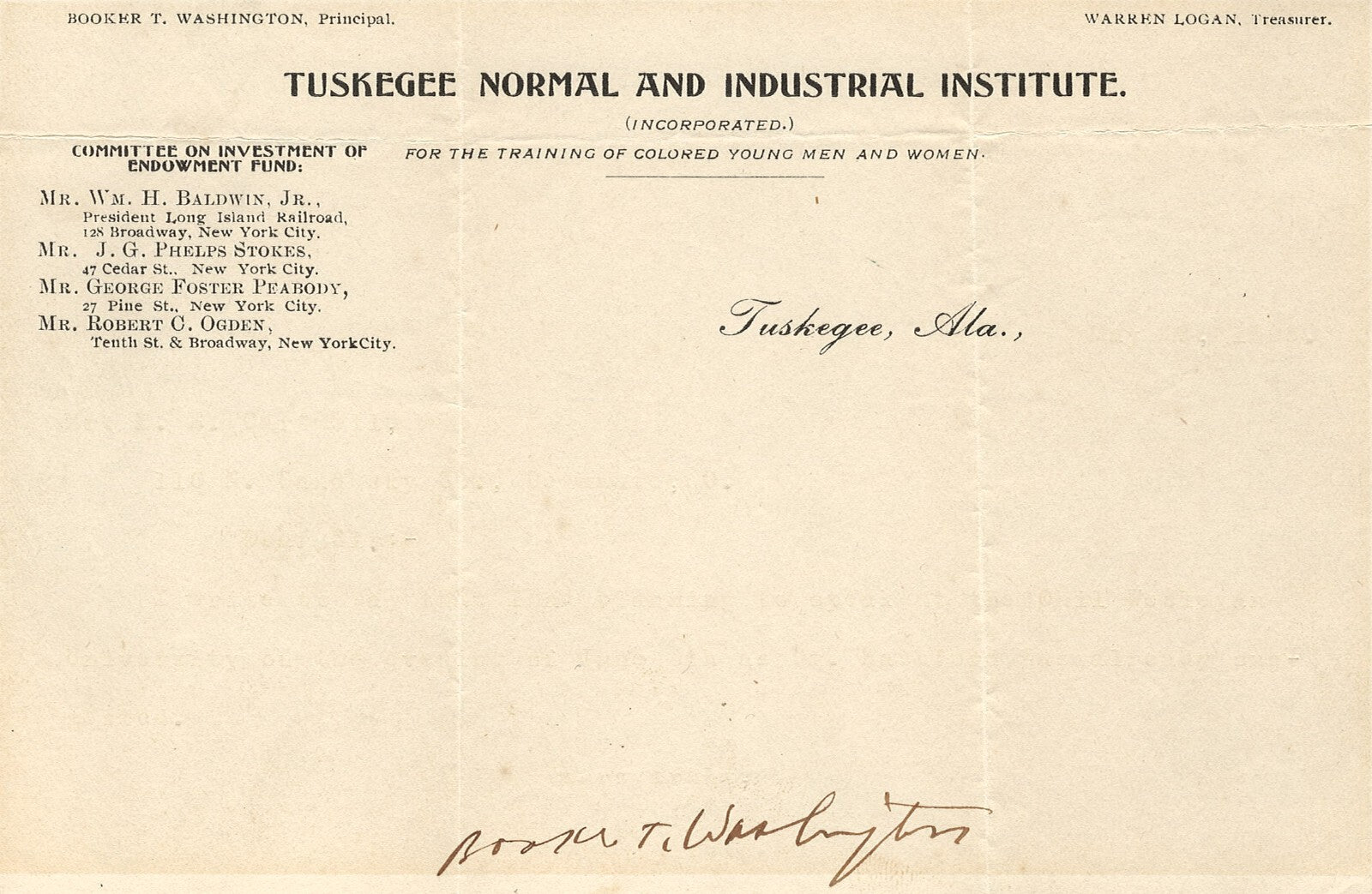 Booker T. Washington Autograph, Signed Tuskegee Letterhead. JSA0