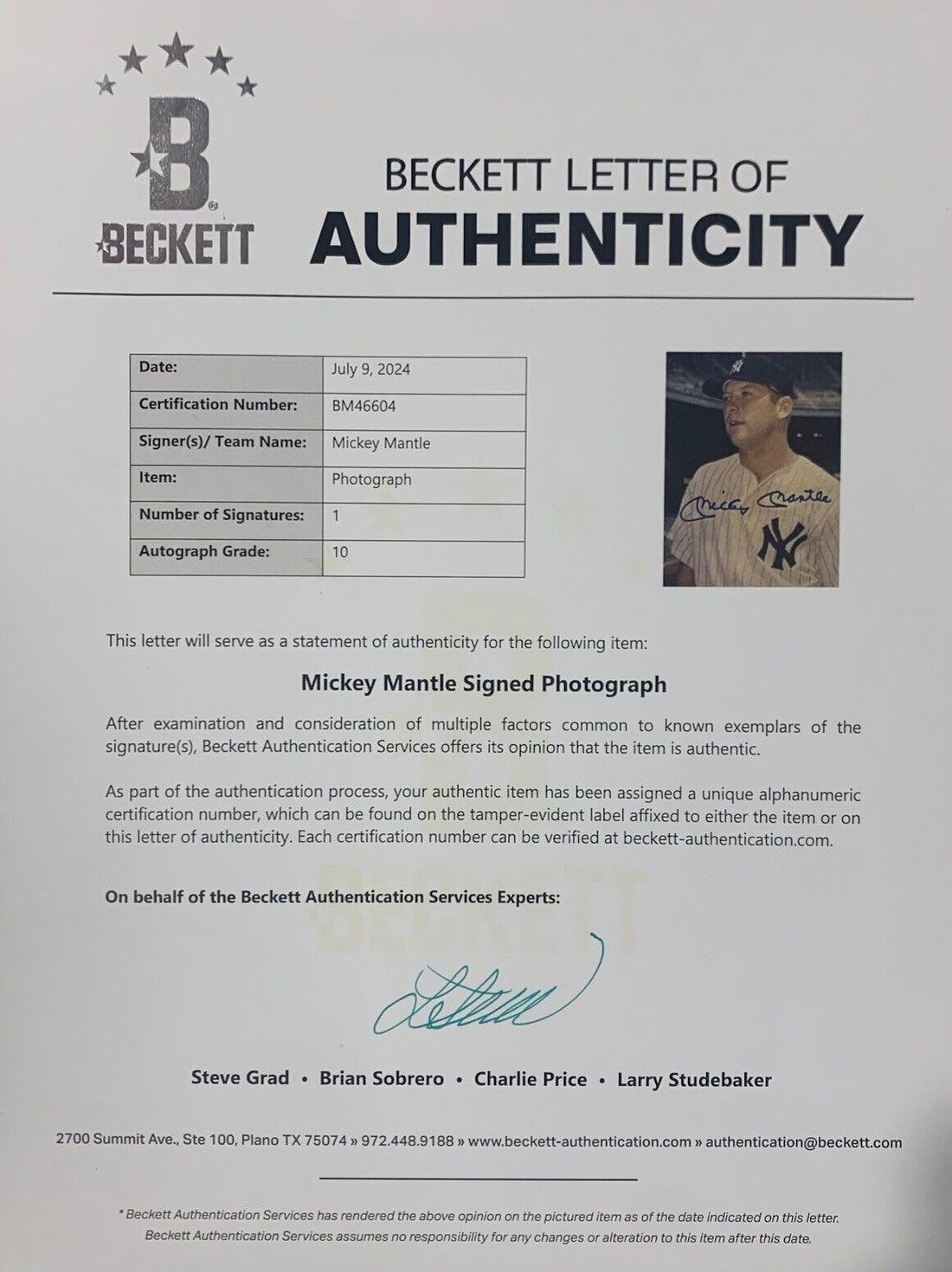 Mickey Mantle Signed 8x10 Photo, Graded Gem Mint 10 Auto Beckett BAS