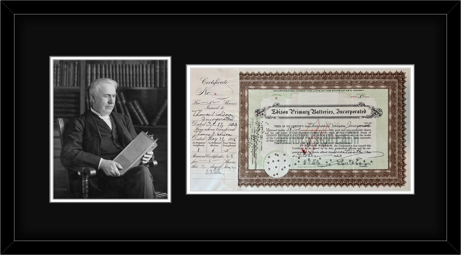 1923 Thomas Edison Electric Battery Company Signed Stock Certificate. Auto JSA0