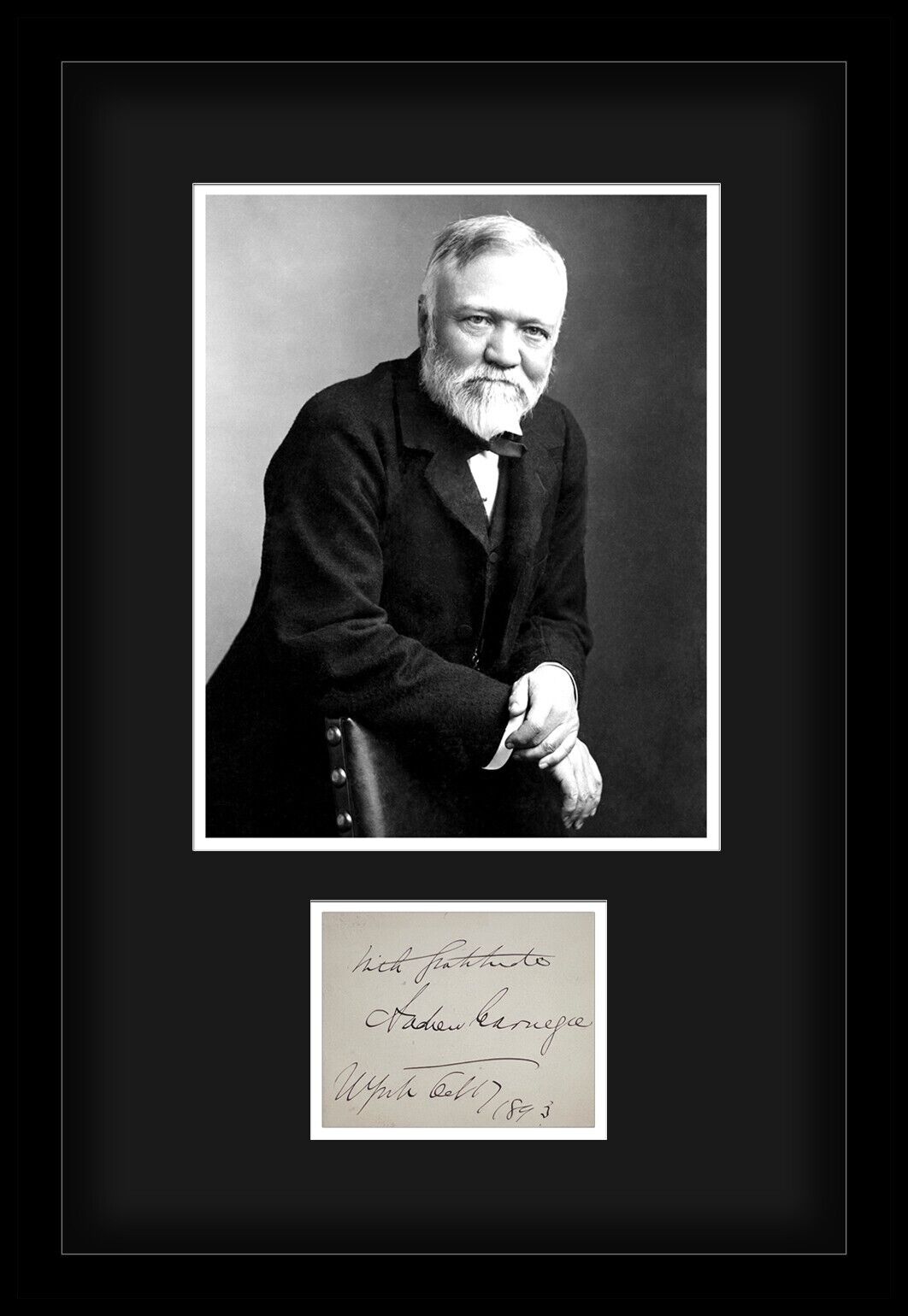 Gorgeous Andrew Carnegie Signed Autograph Display, New York City 1893. Auto JSA