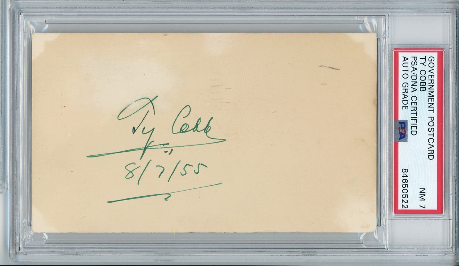 Ty Cobb Signed 1955 Government Postcard. Autograph GPC. Auto Grade 7 PSA1
