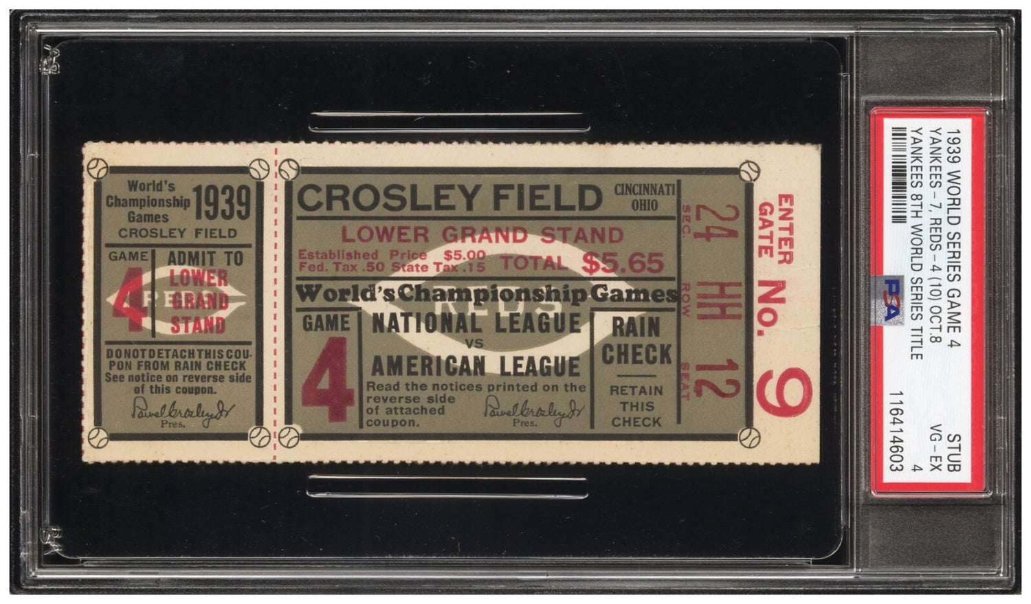 1939 World Series G4 Ticket. Yankees 8th Title, Gehrig&