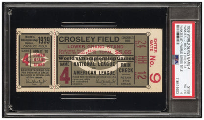 1939 World Series G4 Ticket. Yankees 8th Title, Gehrig&