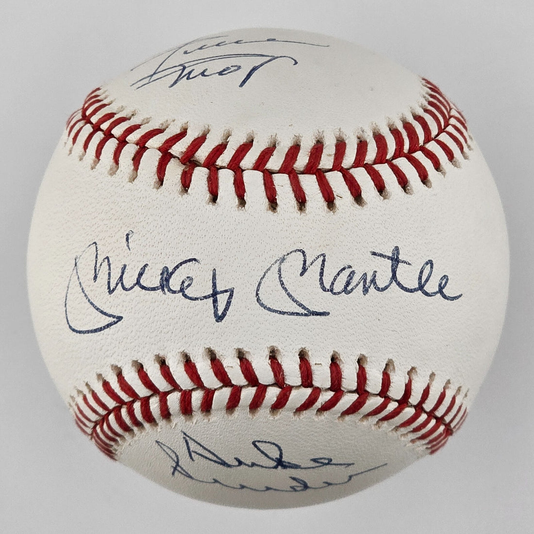 Mickey Mantle, Willie Mays &amp; Duke Snider Signed Baseball. High Grade. PSA 9.50