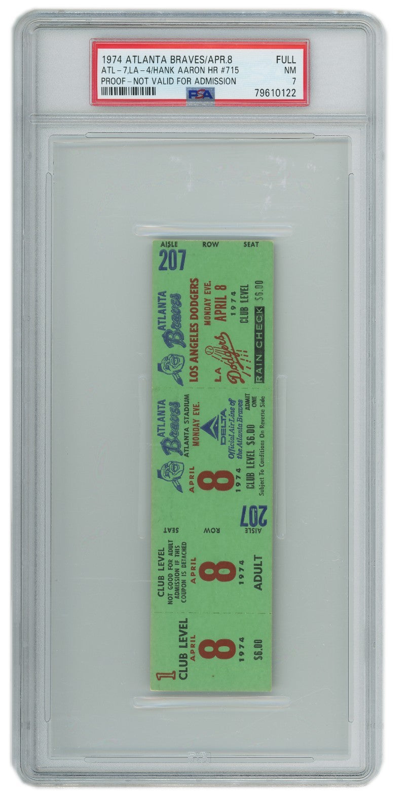 Hank Aaron 715th Home Run Full Proof Ticket – April 8, 1974. PSA 71