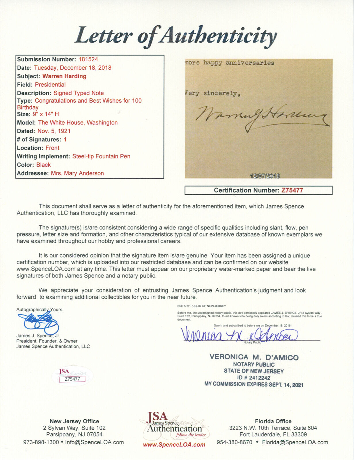 1921 Warren Harding Signed Letter White House Stationary. JSA