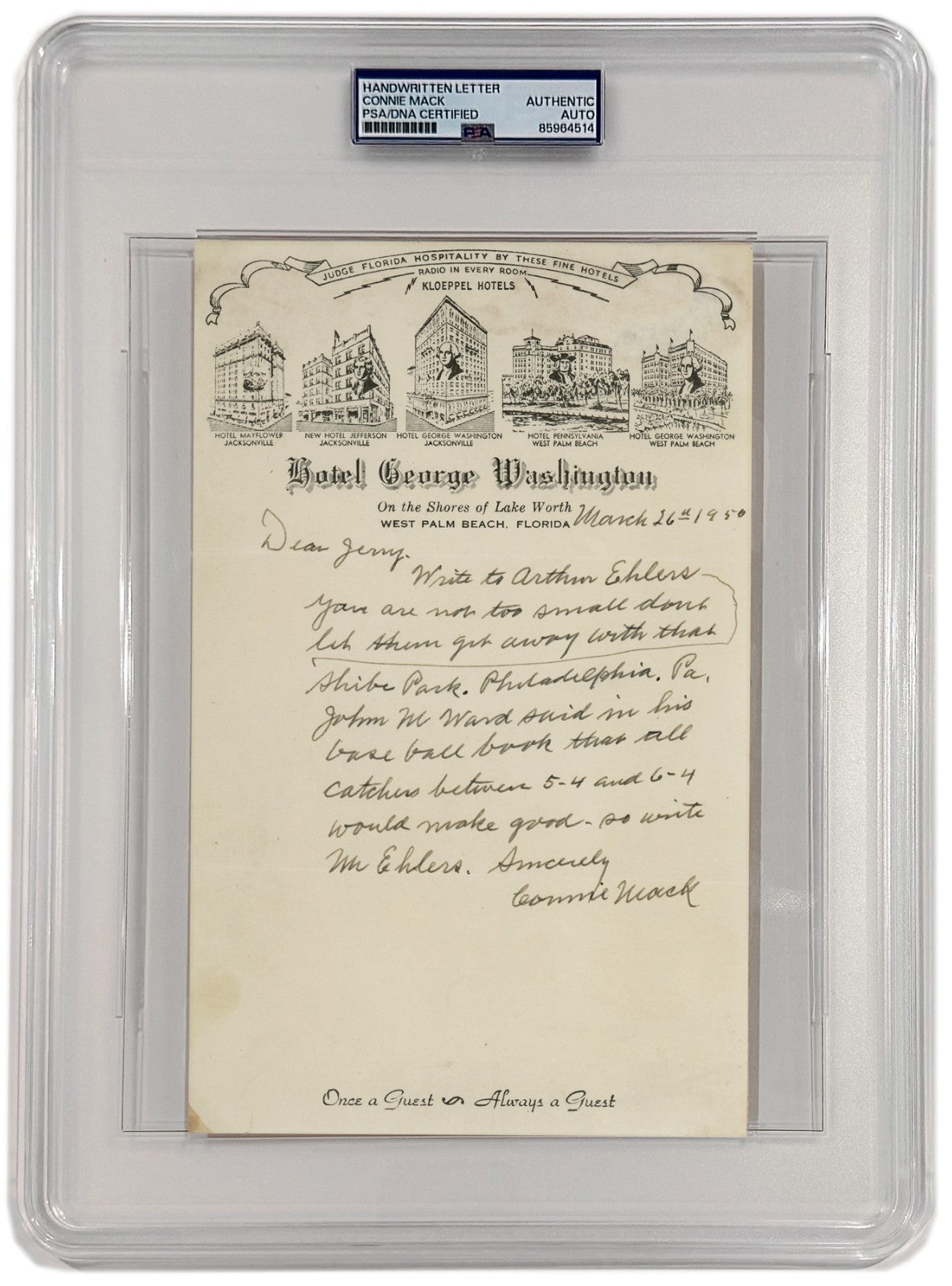 Connie Mack Handwritten Letter with Full Autograph. PSA JSA1