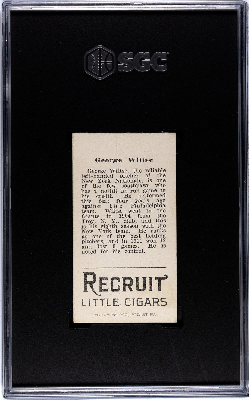 1912 Recruit Little Cigars T207 George "Hooks" Wiltse SGC 51