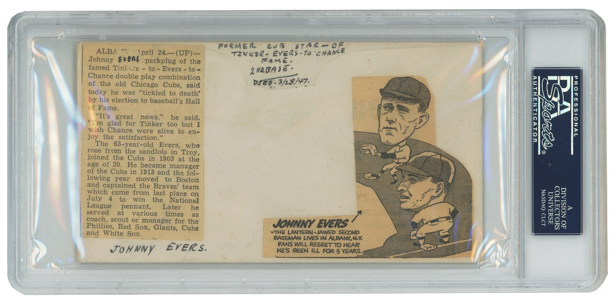Johnny Evers Signed First Day Cover, 1946 FDC. Auto PSA 92