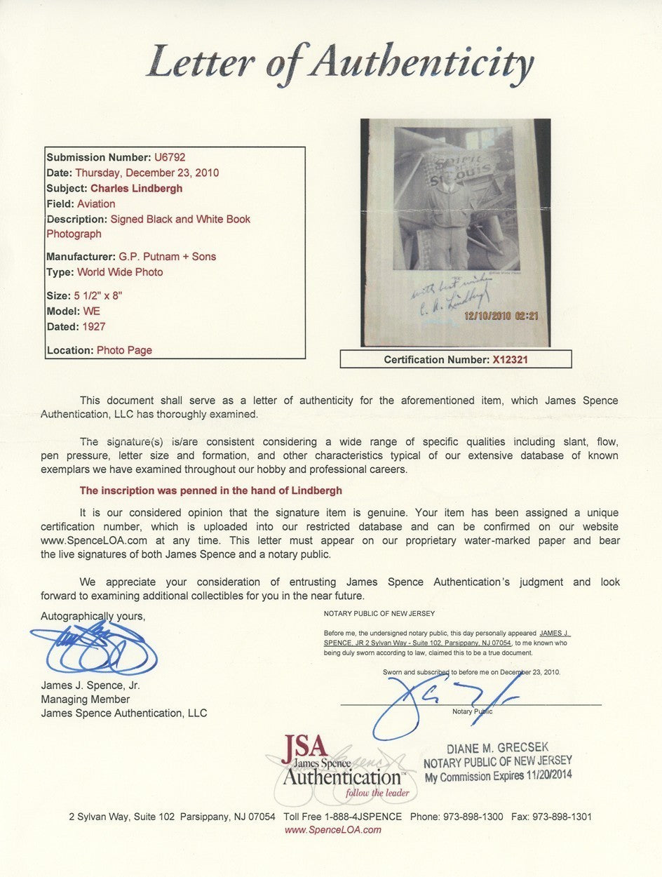 Charles Lindbergh Signed &amp; Inscribed Spirit of St. Louis Photo. PSA4