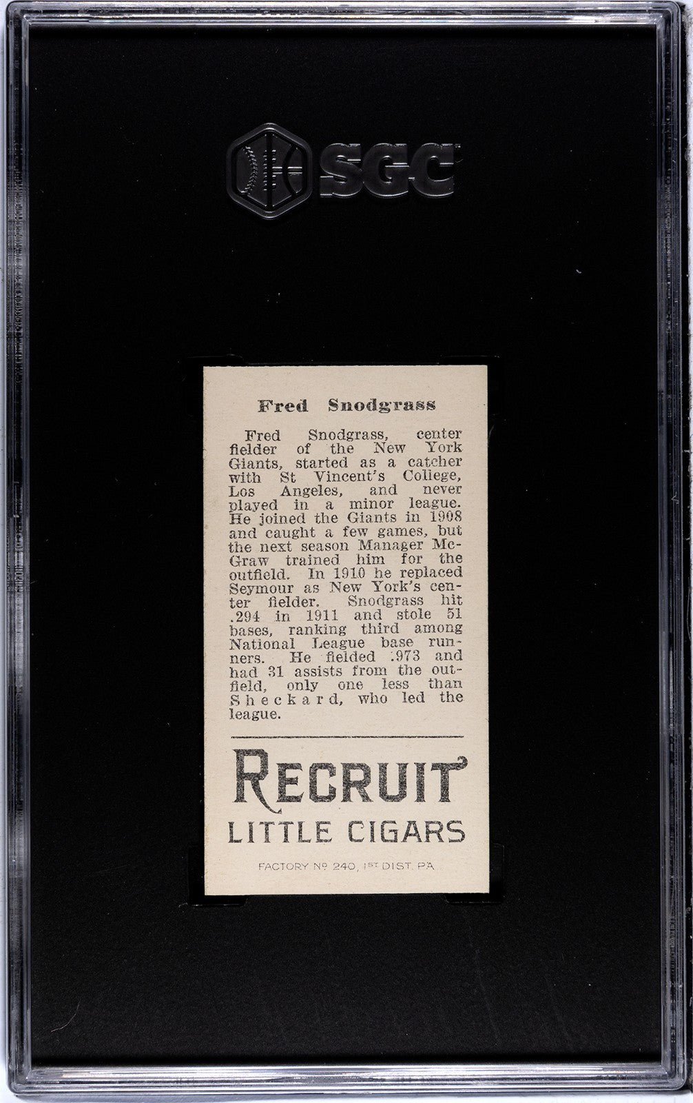 1912 Recruit Little Cigars T207 Fred Snodgrass SGC Authentic1