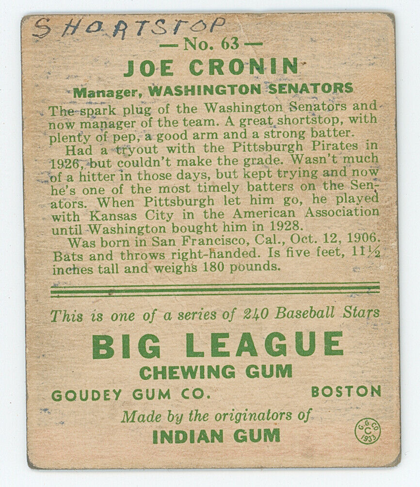 1933 Goudey Joe Cronin. 