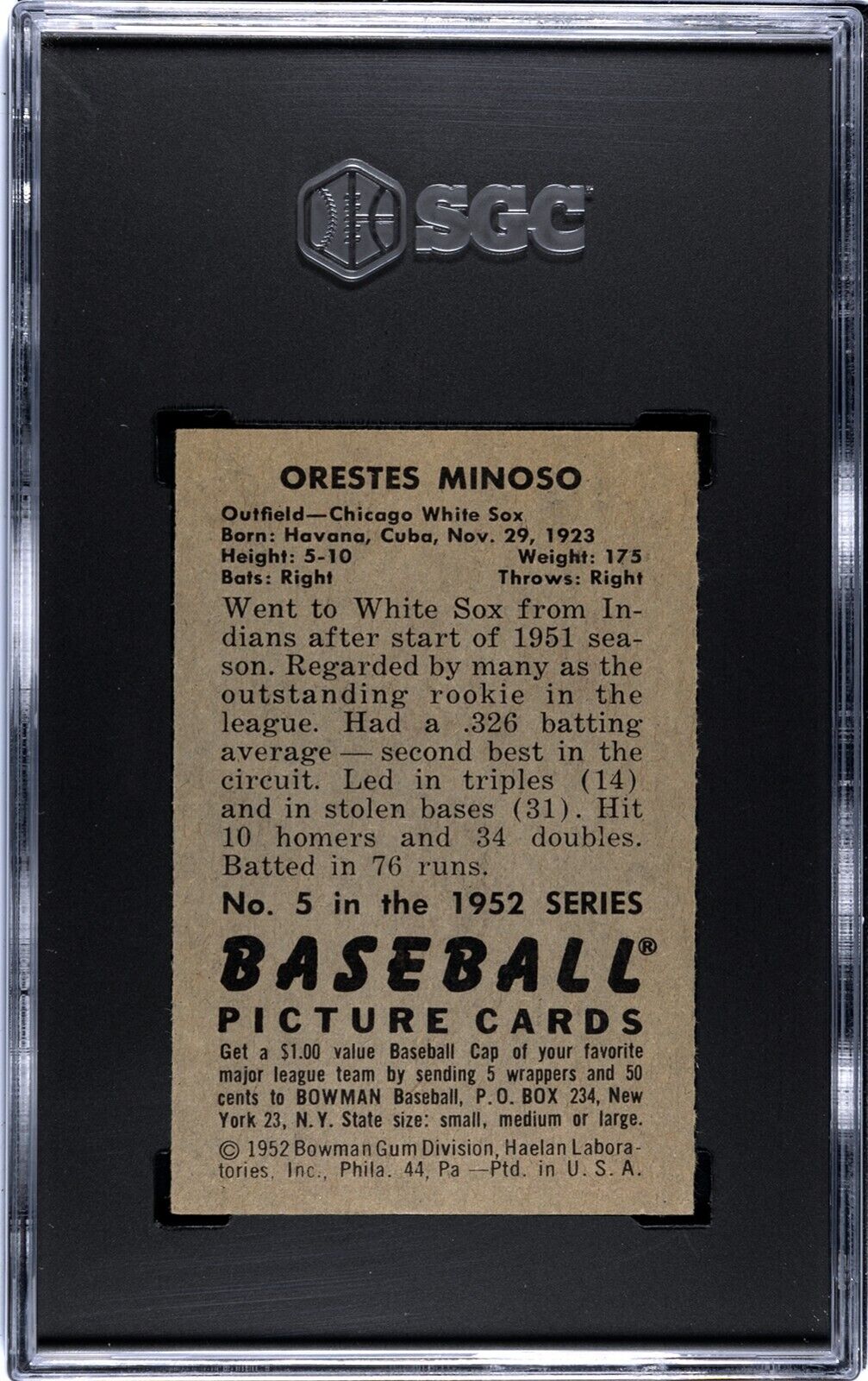 1952 Bowman Minnie Minoso. Rookie Card. SGC 5