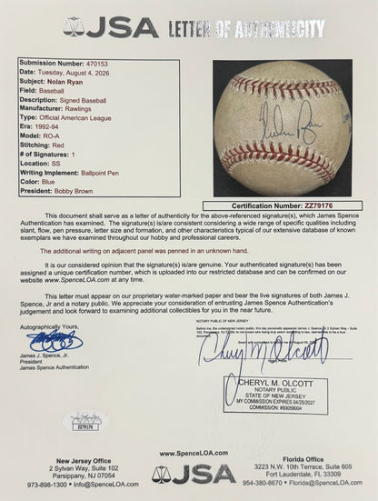 Nolan Ryan Game Used Signed Baseball, 300th Career Win, July 31 1990. JSA6