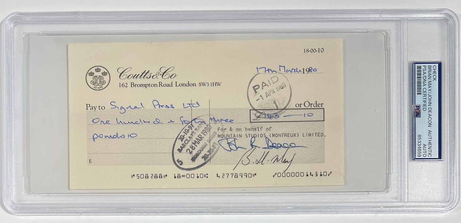 Rare Freddie Mercury &amp; Queen Signed Checks, Lot of 3. Auto PSA