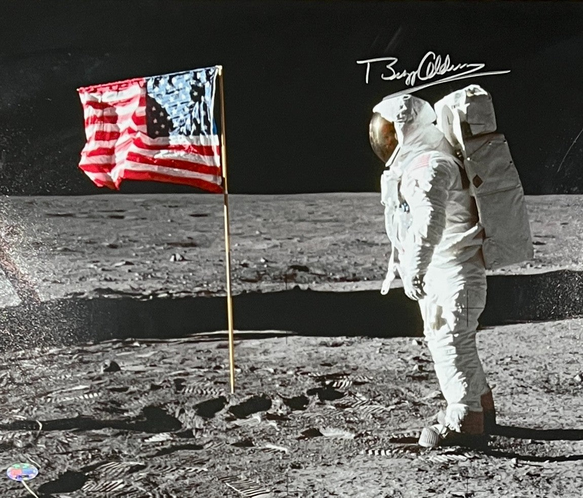 Buzz Aldrin Signed 16x20 Photo. USA Flag, Man on the Moon 1969. PSA2