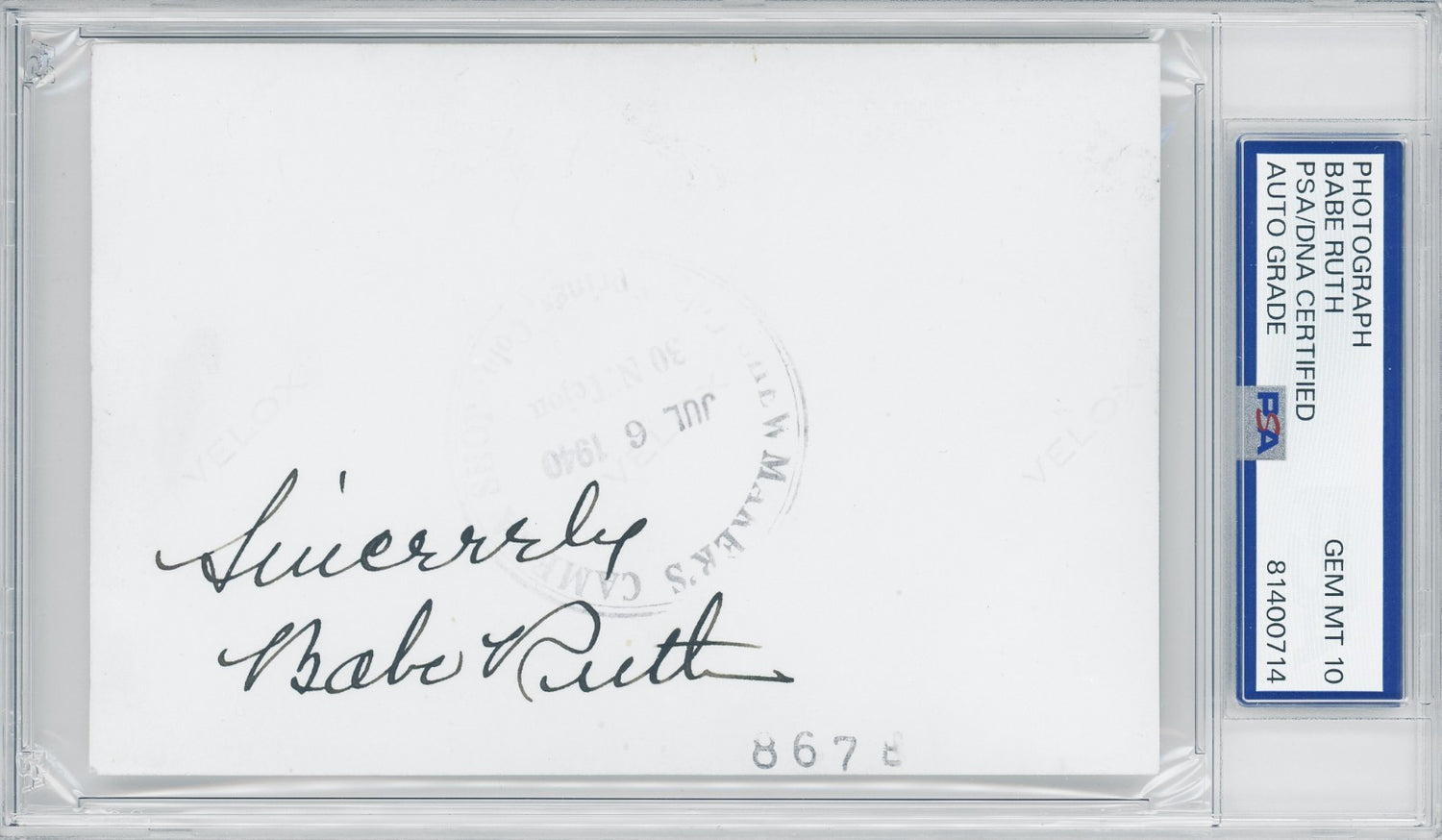 Babe Ruth Signed Photo 3x5. Gem Mint Auto, Jet Black Fountain Ink. Graded PSA 100