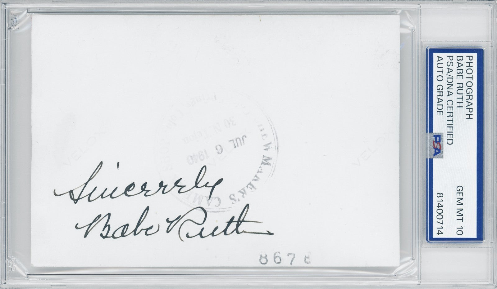 Babe Ruth Signed Photo 3x5. Gem Mint Auto, Jet Black Fountain Ink. Graded PSA 100