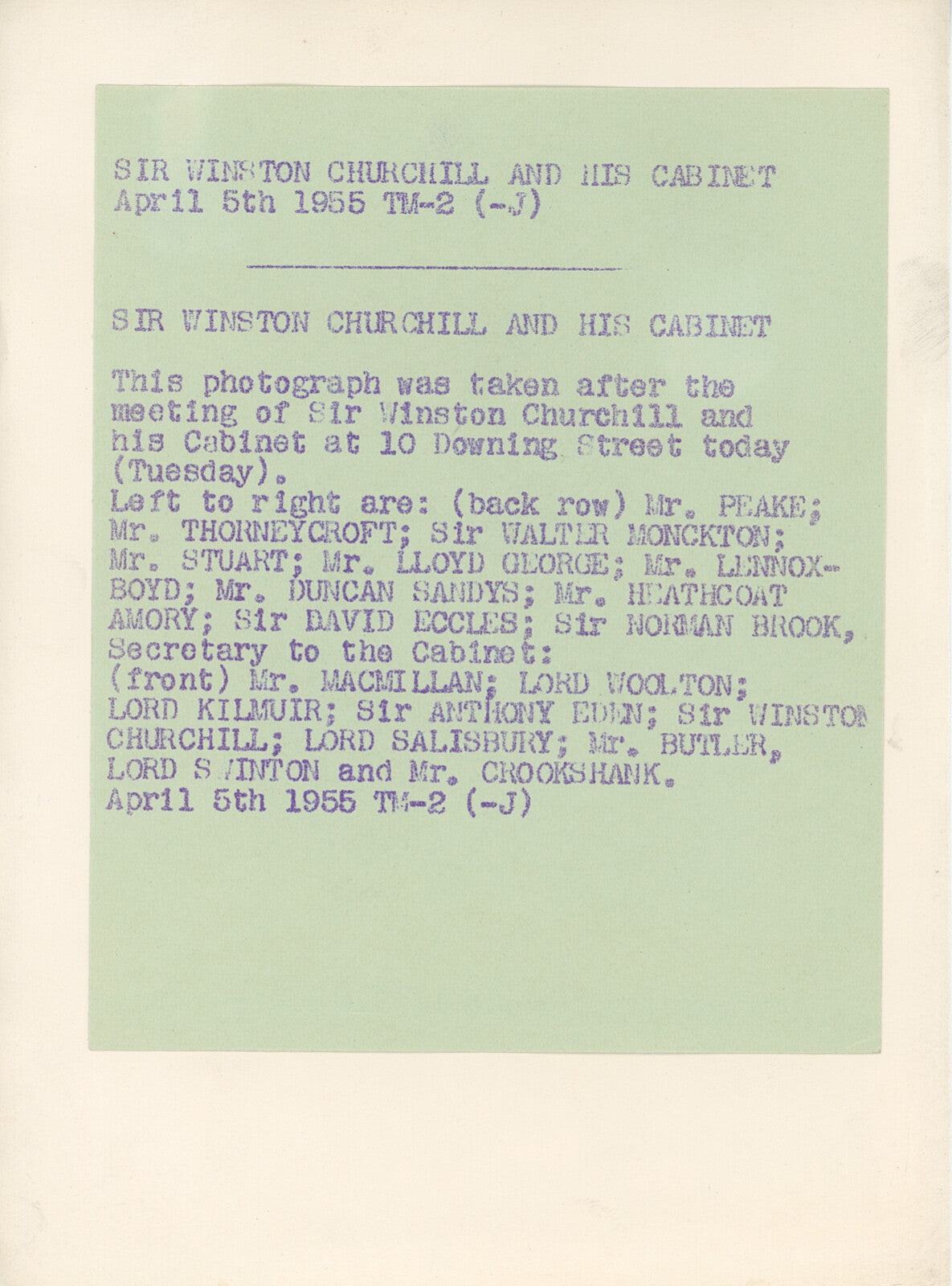 1955 Winston Churchill Cabinet Original Photograph. P. A. Reuter Photo1