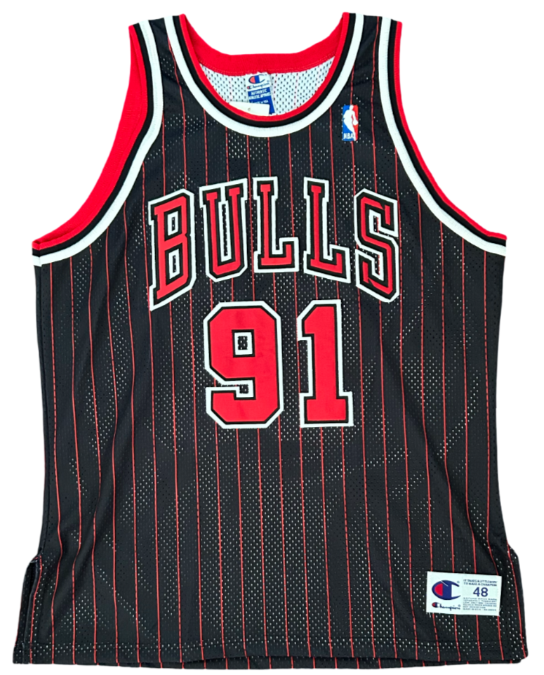 Dennis Rodman Signed Jersey. Chicago Bulls Pinstripe Champion 48 JSA2