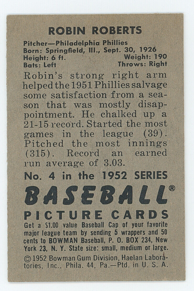1952 Bowman Robin Roberts. Philadelphia Phillies. 