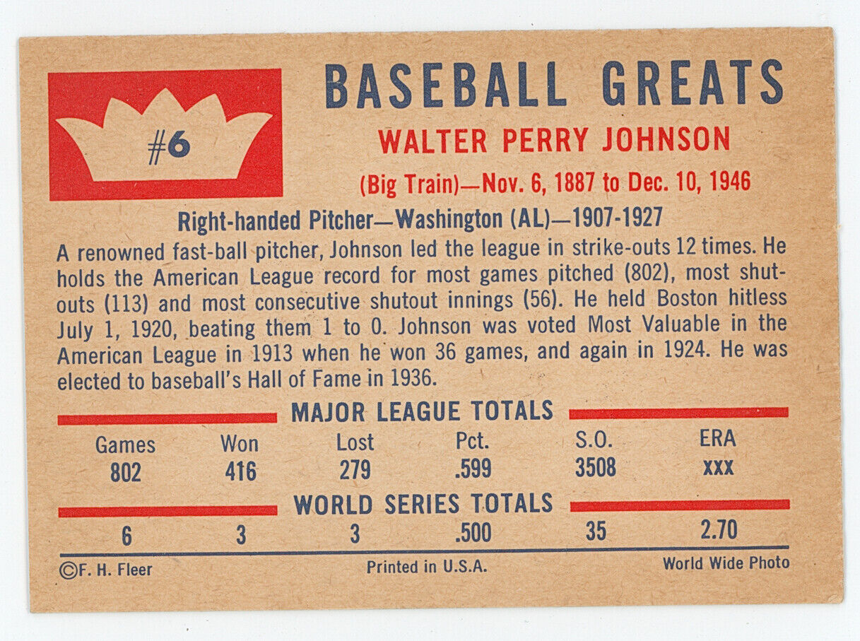 1960 Fleer Walter Johnson. 