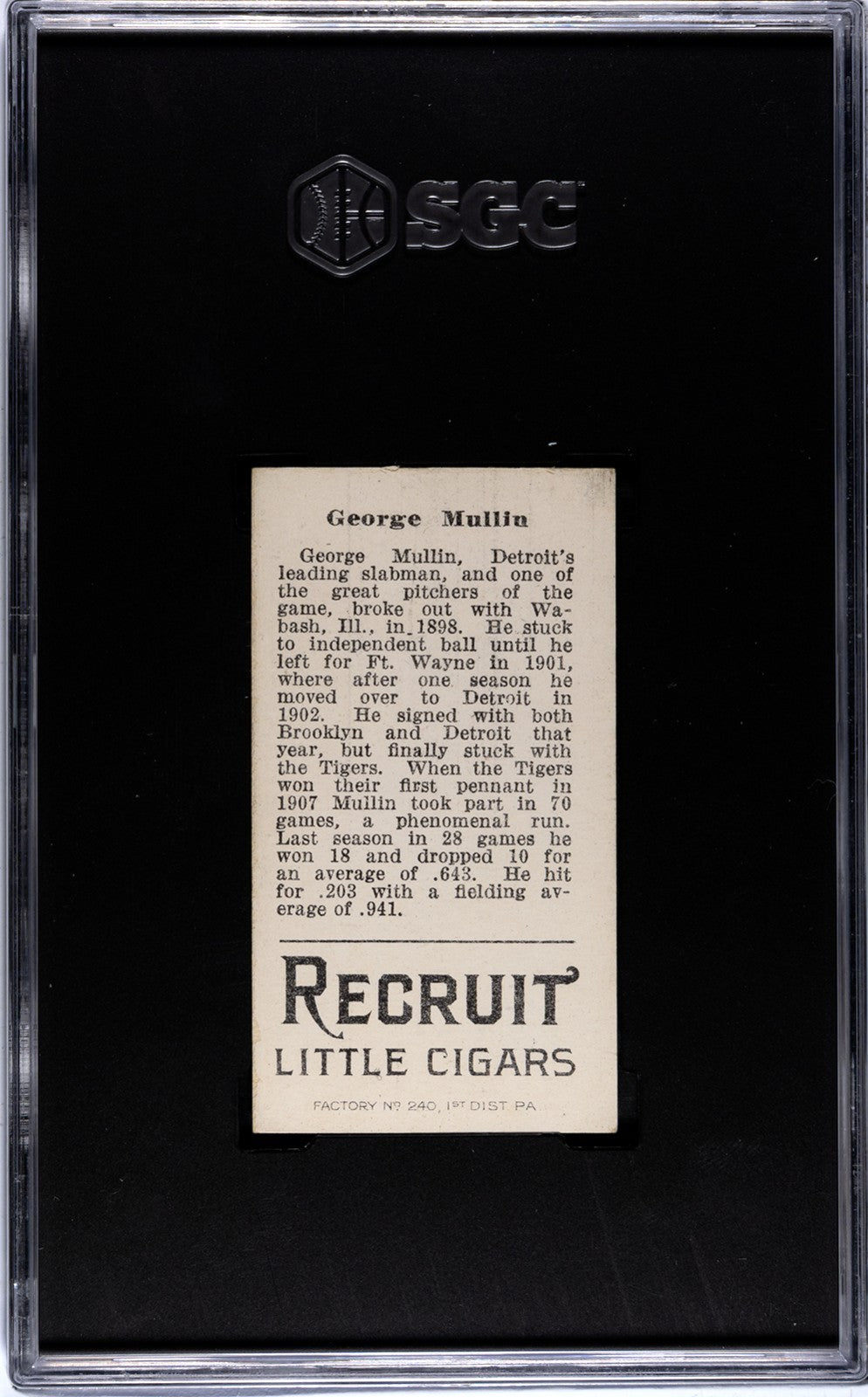 1912 Recruit Little Cigars T207 George Mullin SGC 51