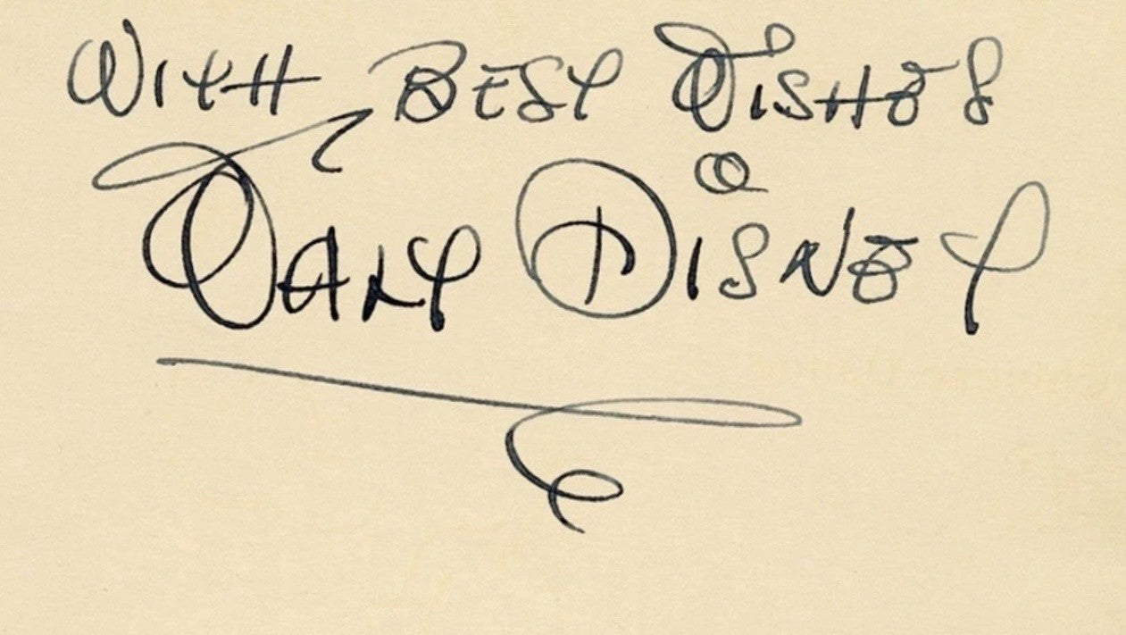 Walt Disney Signed Autograph Display. "Best Wishes" Inscribed Signature. JSA LOA1