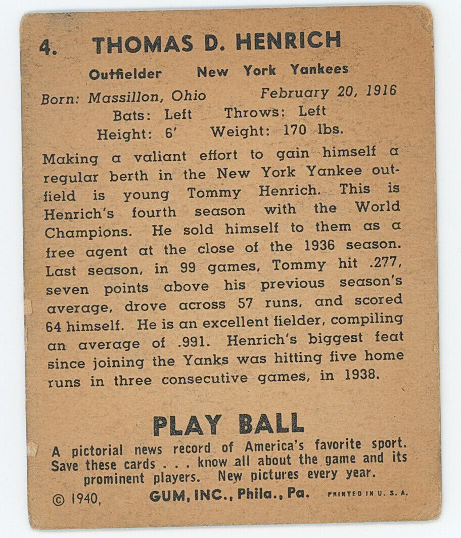 1940 Playball Tommy Henrich . 