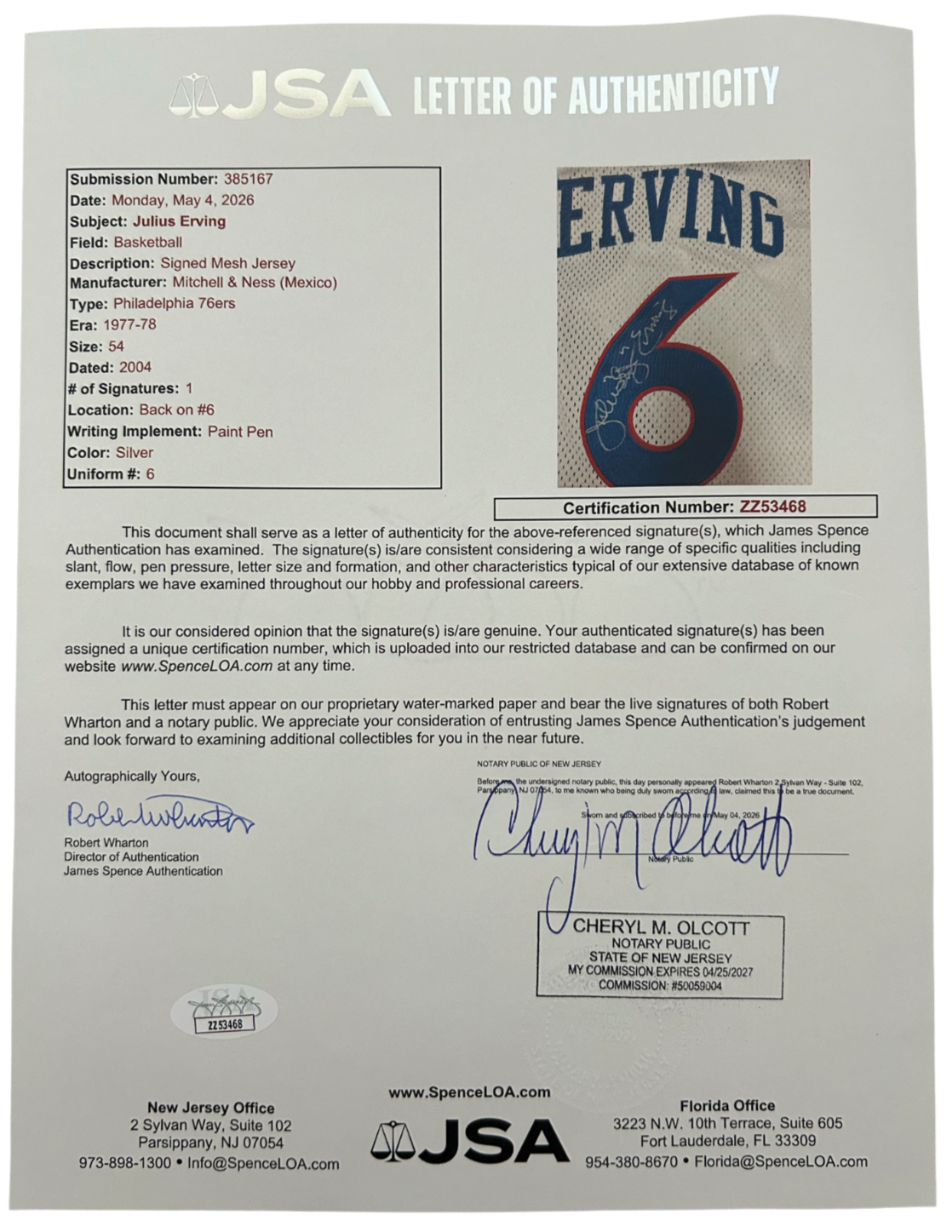 Julius Erving Dr. J Signed Jersey. 76ers Mitchell Ness Size 54 JSA4