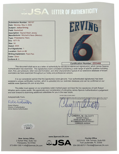 Julius Erving Dr. J Signed Jersey. 76ers Mitchell Ness Size 54 JSA4