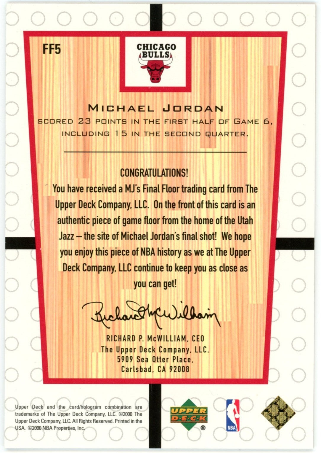 Michael Jordan 2000 Upper Deck Final Floor Game Used 1998 Finals Card. 