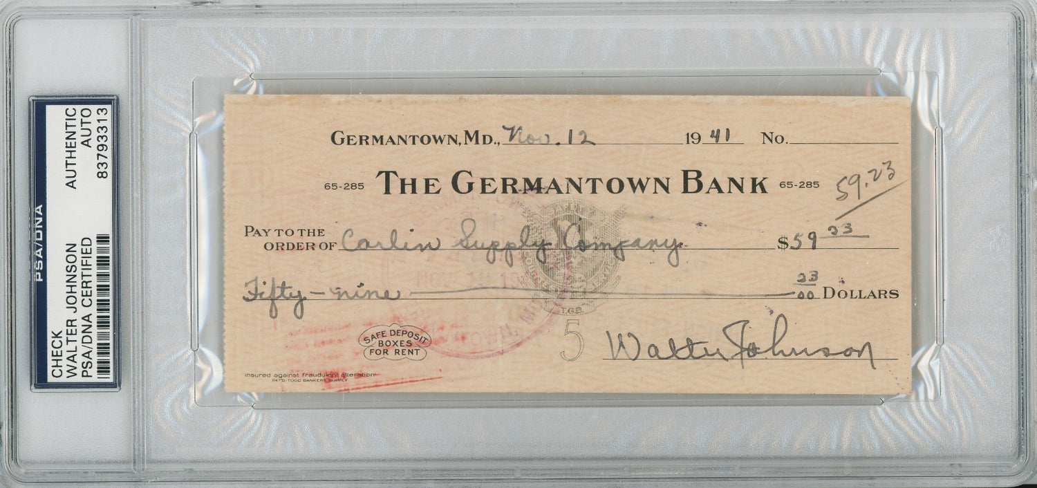 Walter Johnson Signed 1941 Check with Impeccable Signature. PSA1