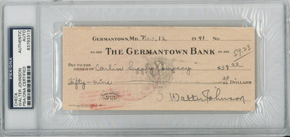 Walter Johnson Signed 1941 Check with Impeccable Signature. PSA1