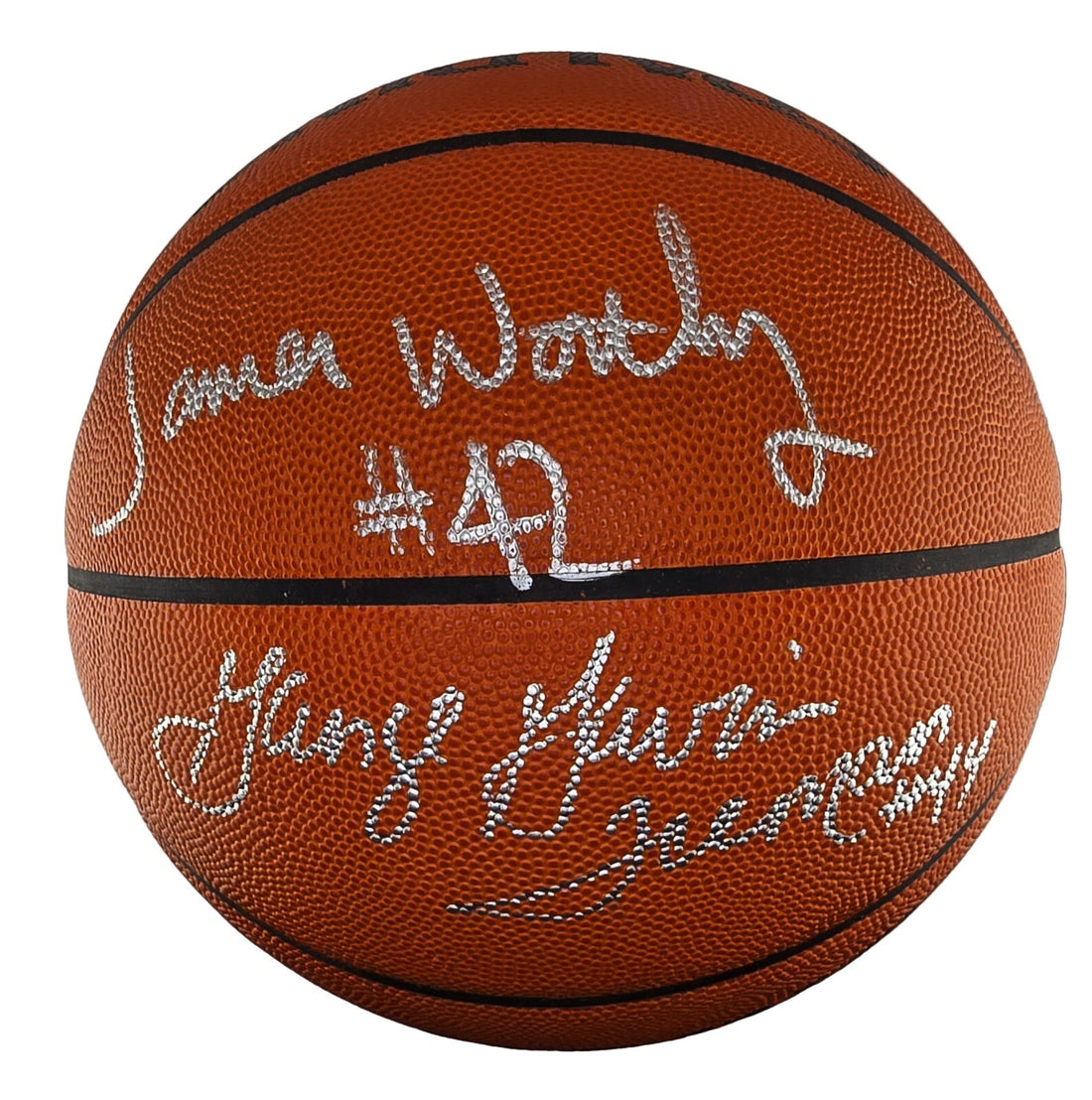 George Gervin &amp; James Worthy Signed &amp; Inscribed Basketball. JSA COA0