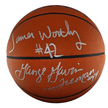 George Gervin &amp; James Worthy Signed &amp; Inscribed Basketball. JSA COA0