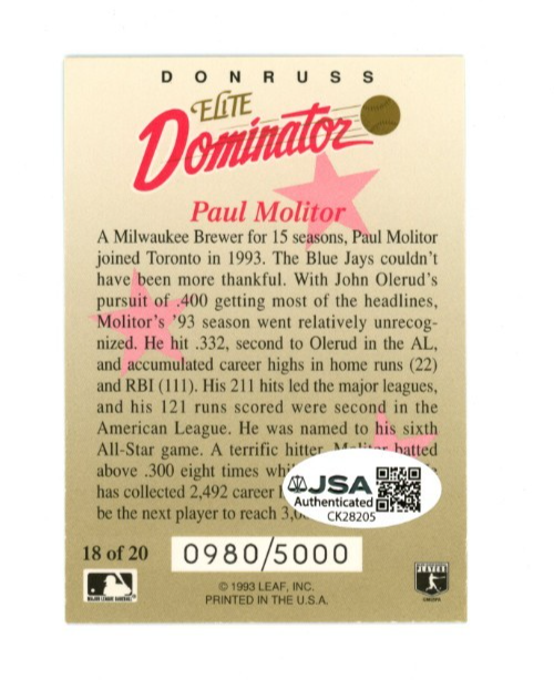Paul Molitor Signed 1993 Donruss Leaf Elite Dominator1