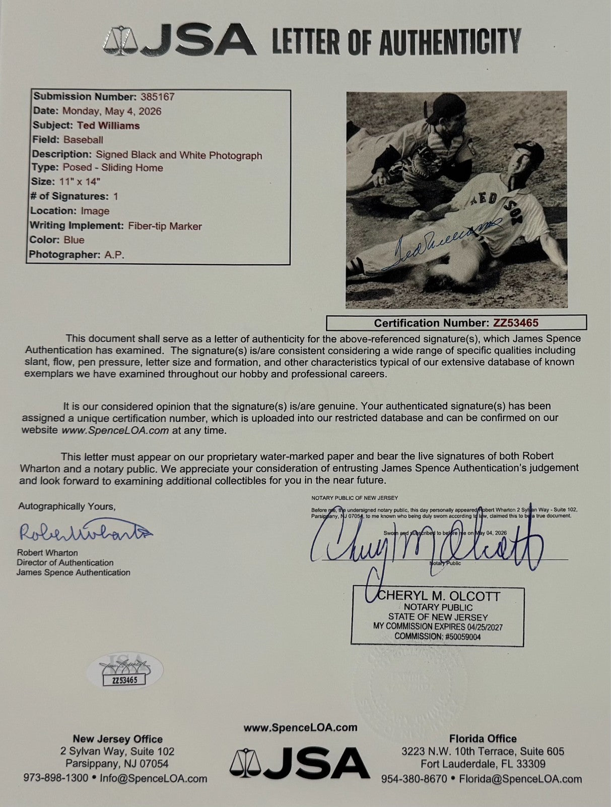 Ted Williams Signed 11" x 14" Photo. Auto JSA2