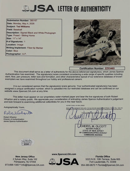 Ted Williams Signed 11" x 14" Photo. Auto JSA2