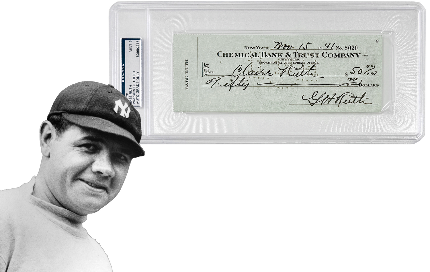 Babe Ruth Signed Check, Outstanding Eye Appeal. Mint Condition. PSA 90