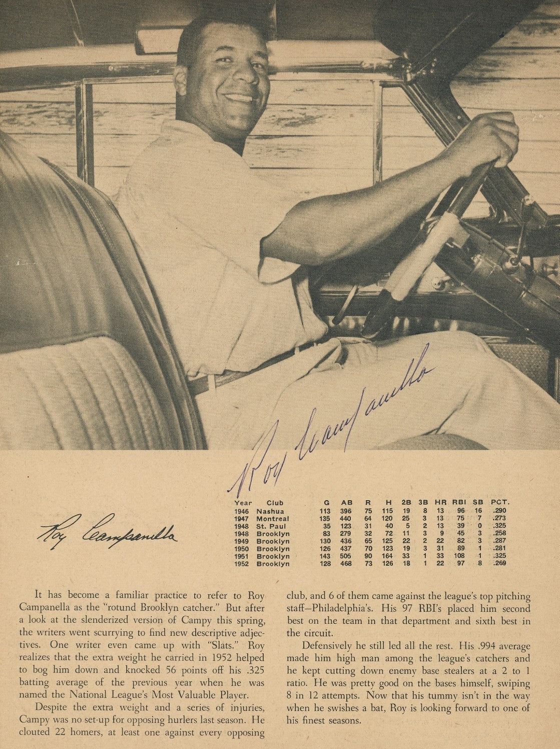 Roy Campanella Signed Photo, 1953 Dodgers Yearbook. Driving Car. JSA PSA3