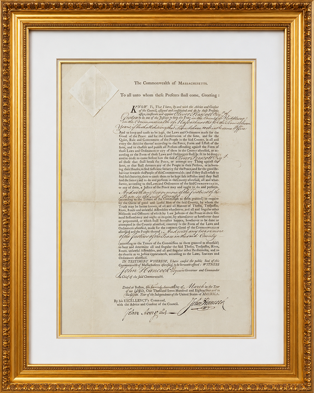 John Hancock Signed Appointment, Massachusetts, 1781. PSA JSA0