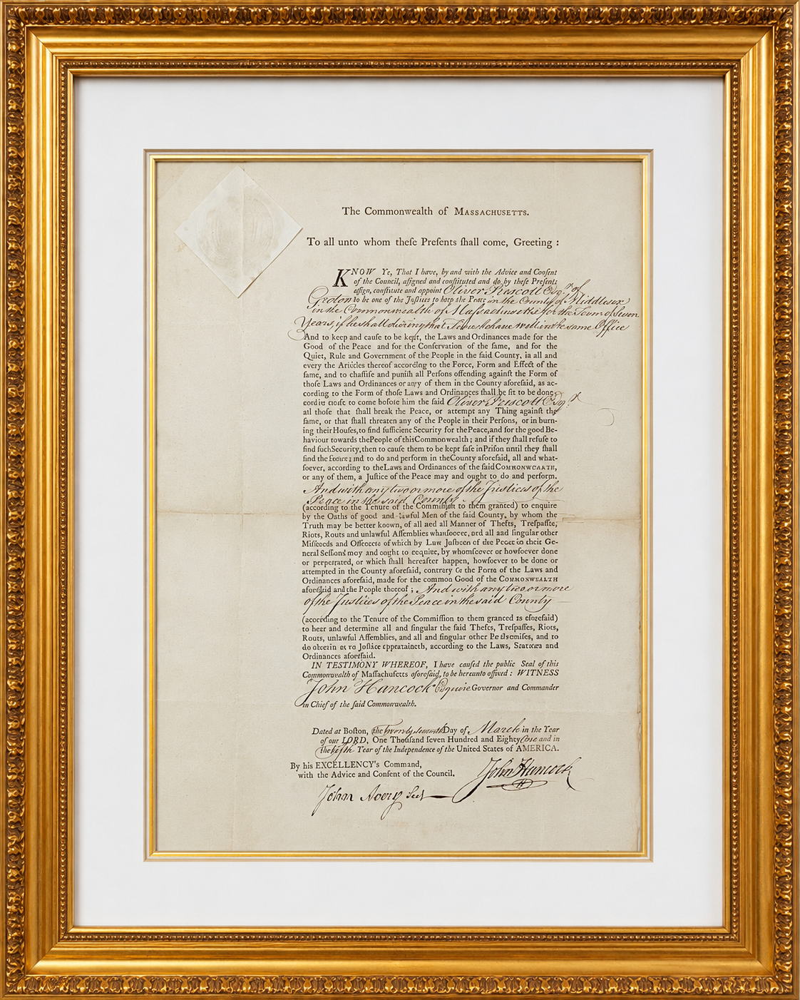 John Hancock Signed Appointment, Massachusetts, 1781. PSA JSA0