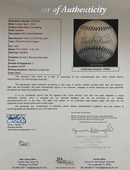 Babe Ruth &amp; Lou Gehrig Dual Signed Official American League Baseball. PSA JSA6