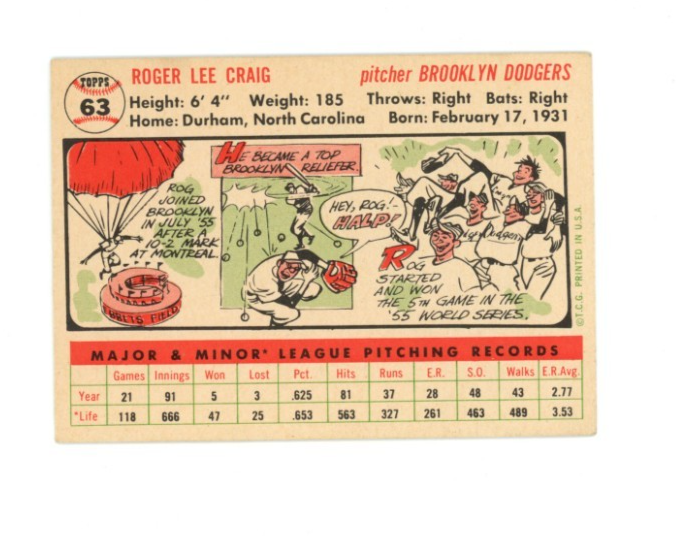 1956 Topps Roger Craig White Back1