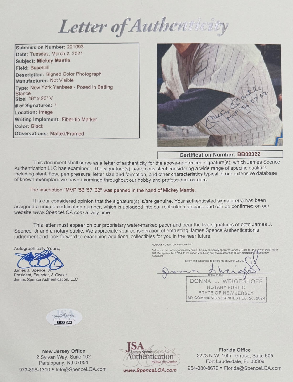 Mickey Mantle Signed 16x20 Photo, Rare MVP Inscription. Auto JSA2