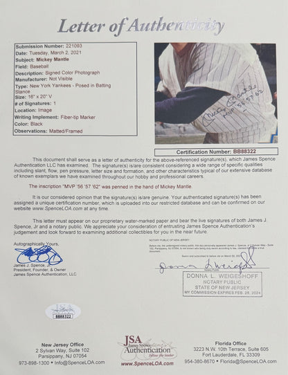 Mickey Mantle Signed 16x20 Photo, Rare MVP Inscription. Auto JSA2