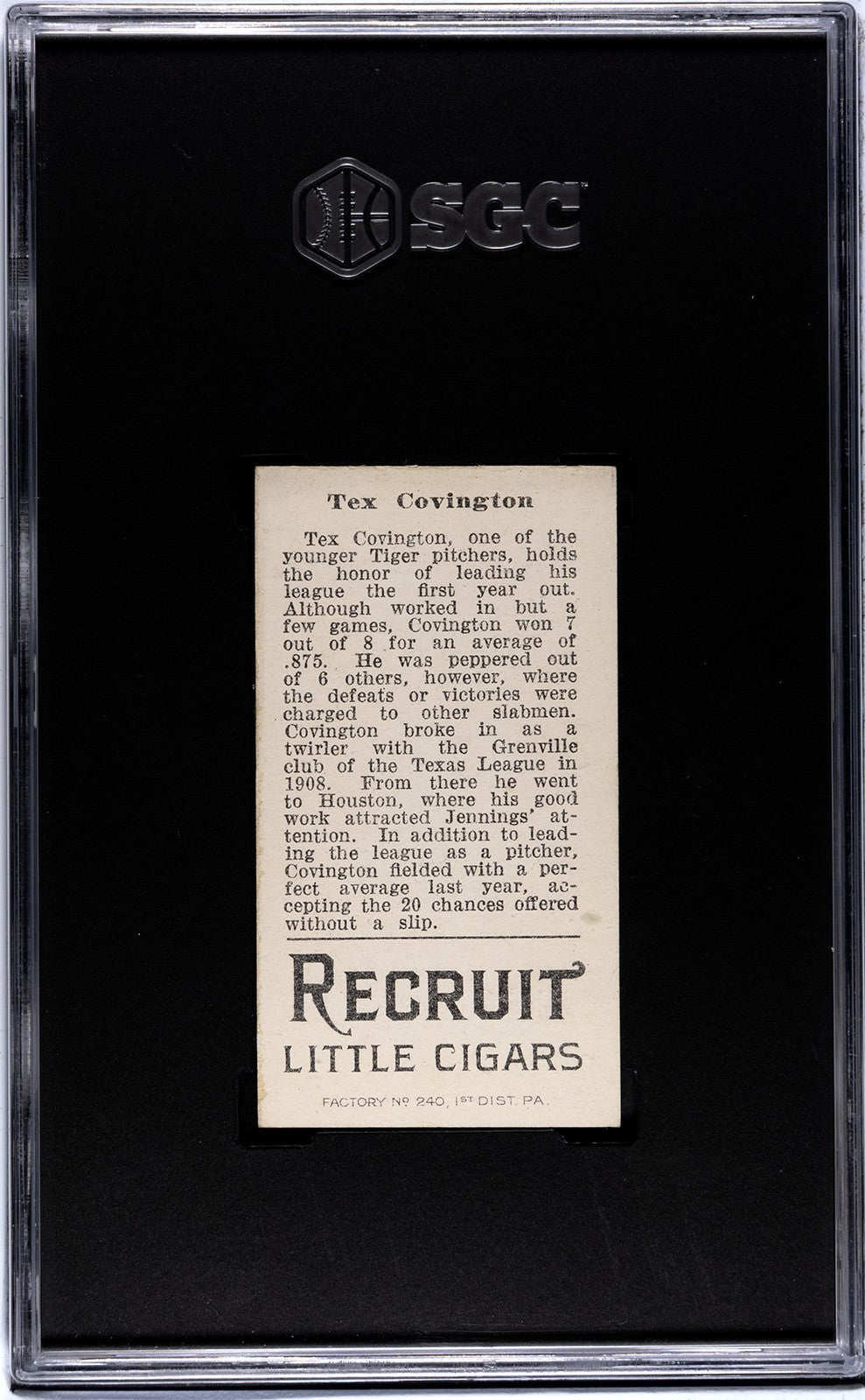 1912 Recruit Little Cigars T207 Tex Covington SGC 51