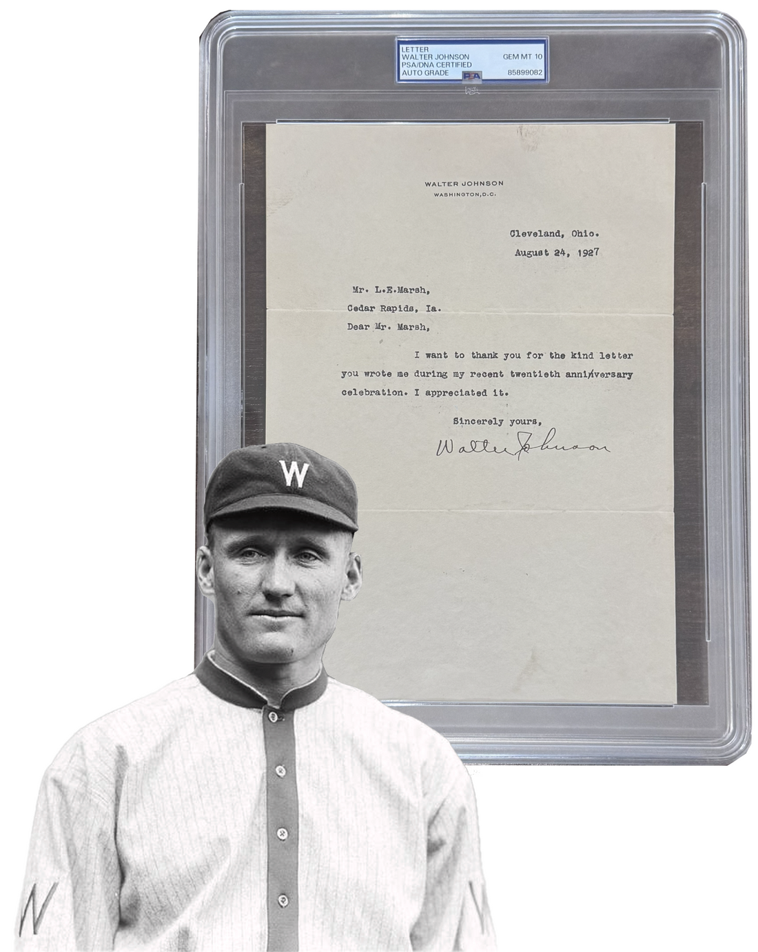 Walter Johnson Signed Letter and Fingerprints, 1927. Gem Mint, PSA 100