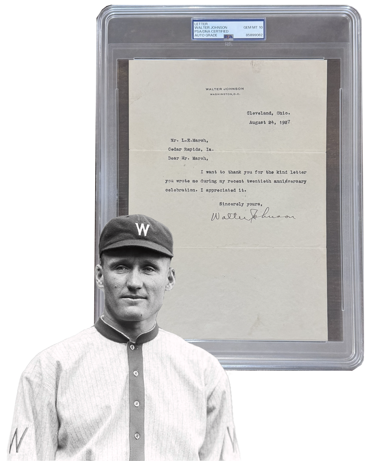 Walter Johnson Signed Letter and Fingerprints, 1927. Gem Mint, PSA 100